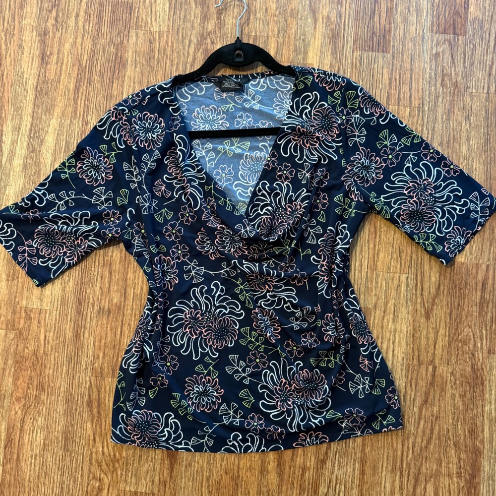 George Blouse Top Stretch Floral Cowl Neck L Navy Multicolor Half Sleeve Y2K